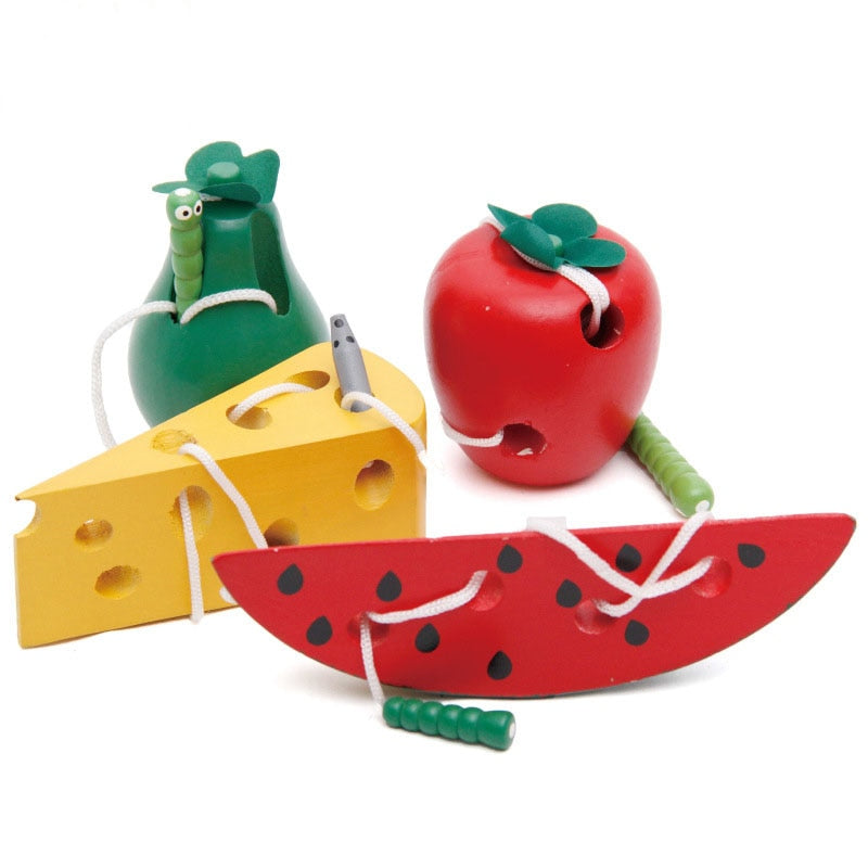 Montessori-Lernspielzeug aus Holz für Kinder – Lustiges Set mit wurmfressenden Früchten (Apfel und Birne) – Lehrmittel und Geschenk für die frühe Bildung