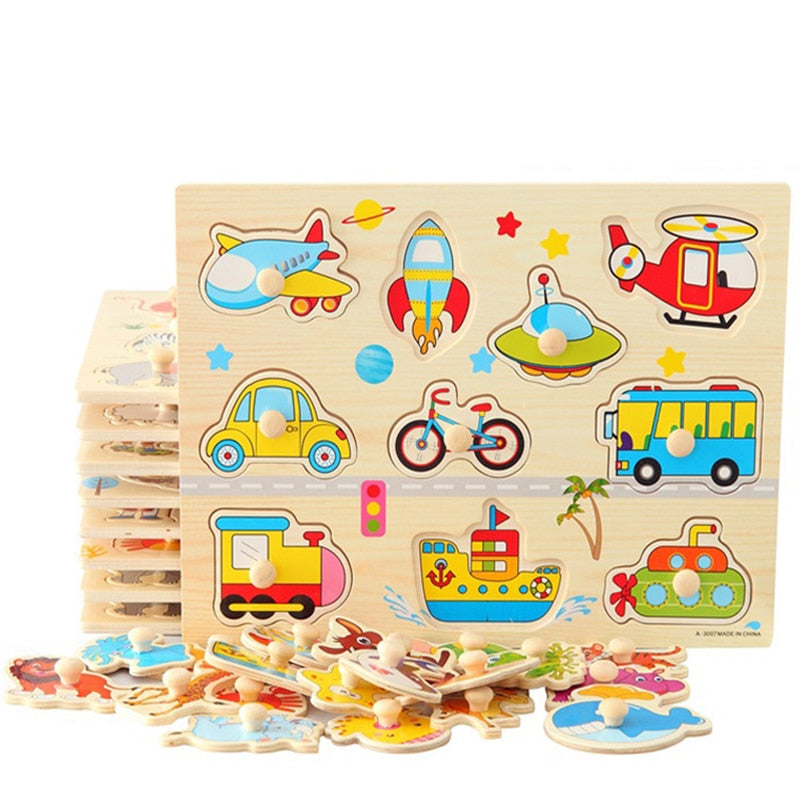 Montessori Wooden Puzzle and Hand Grab Board Set - Educational Cartoon Vehicle and Marine Animal Toys for Babies - Perfect Gift for Children