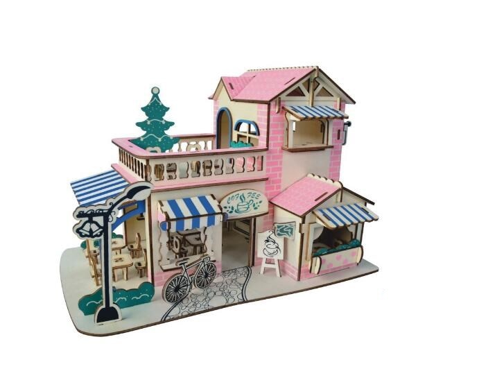 3D Wooden Jigsaw Puzzle Toy - Romantic Coffee House Model for Kids - DIY Handmade Puzzle