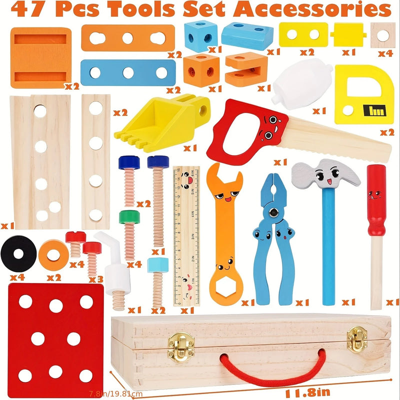 Wooden Kids Tool Set – 47-Piece STEM Construction Kit for Toddlers